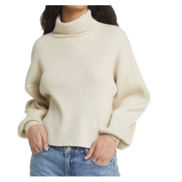 Good American Oatmeal Heather Ribbed Turtleneck Sweater Large Women - Picture 1 of 6